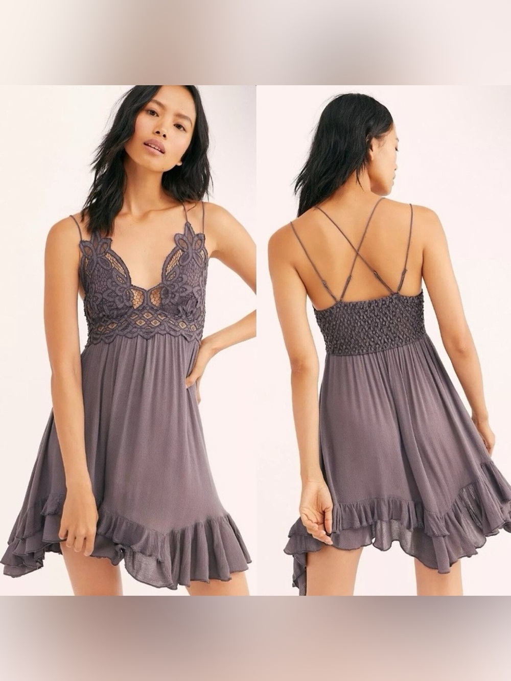 Free People One Adella Slip Dress Charcoal Textured Asymmetrical Crochet Dress S